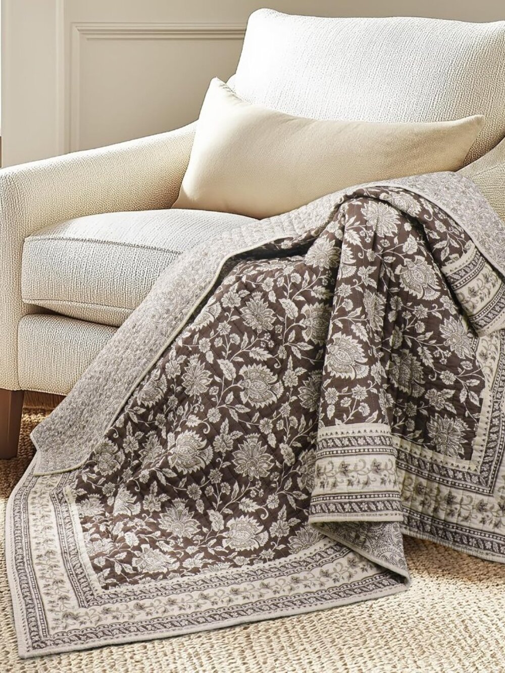 Adare Cocoa Quilted Throw - 50x60in. - Floral - Brown Taupe Cream - Reversible -